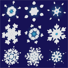 Collection of simple snowflakes on blue background.