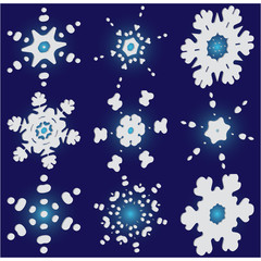 Kit of isolated  silhouettes of snowflakes on blue background.