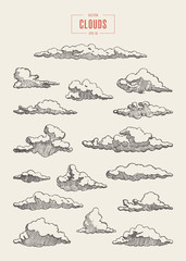 Set engraved style clouds drawn vector sketch - obrazy, fototapety, plakaty