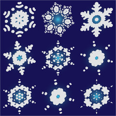 Kit of simple christmas snowflakes on blue background.
