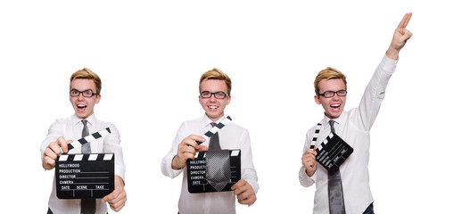 Funny man with movie board on white