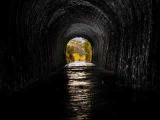 dark and wet tunnel with landscape at the exit