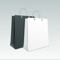 Mock-up of realistic black & white paper bag. Corporate identity blank packaging, empty shopping bag paper mockup. Branding packaging template with handles. Gift boxing. Vector illustration.