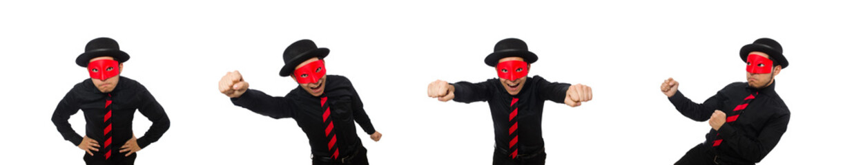 Young man with red mask isolated on white