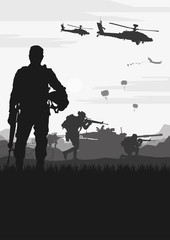 	 Military vector illustration, Army background, soldiers silhouettes.	