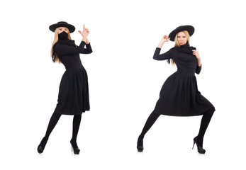 Woman in long black dress isolated on white