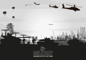 	 Military vector illustration, Army background, soldiers silhouettes.	