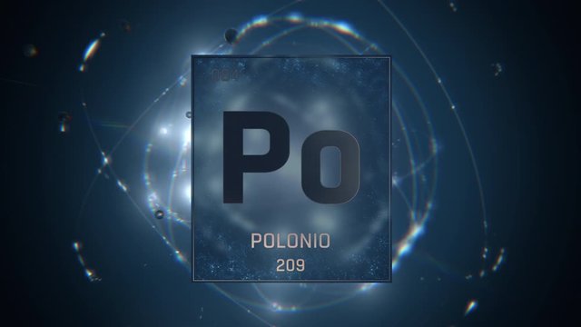 Polonium as Element 84 of the Periodic Table. Seamlessly looping 3D animation on blue illuminated atom design background with orbiting electrons. Name, atomic weight, element number in Spanish languag