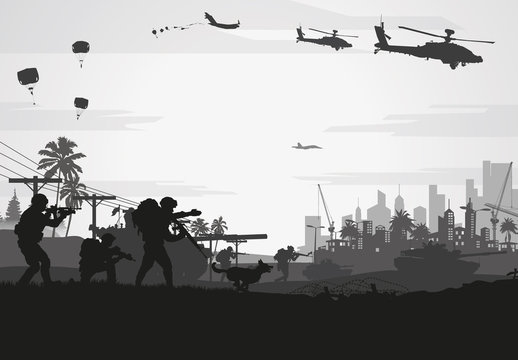 	 Military vector illustration, Army background, soldiers silhouettes.	