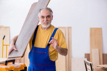 Old male carpenter working in workshop