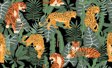 Safari-Hintergrund mit Leoparden, Palmen, Tigern, Blättern. Nahtloses Muster der Vektorillustration für Hintergrund, Tapete, Frabic. Bearbeitbares Element