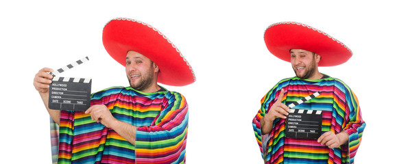 Funny mexican with clapper-board isolated on white