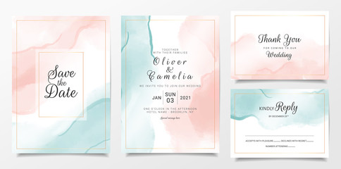 Peach and blue watercolor wedding invitation card template set with gold line decoration. Abstract background save the date, invitation, greeting card, multi-purpose vector