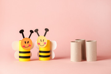 Paper toy bee for valentine romance baby shower, birthday party. Easy crafts for kids on pink...