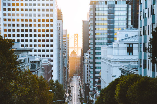 Downtown San Francisco with California Street at sunrise, San Francisco, California, USA