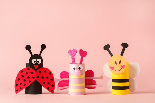 Ladybug, bee, butterfly, insect set from toilet tube roll for kids, baby shower, valentine day holiday decor. A terrible craft. School and kindergarten creative idea