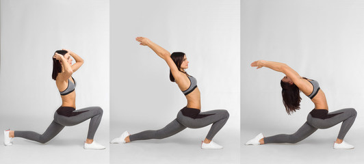 triptych girl doing fitness exercises in a sports top and pants