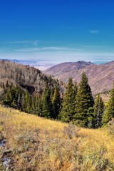 Landscape views of Tooele from the Oquirrh Mountains hiking and backpacking along the Wasatch Front Rocky Mountains, by Kennecott Rio Tinto Copper mine, by the Great Salt Lake in fall. Utah, America.