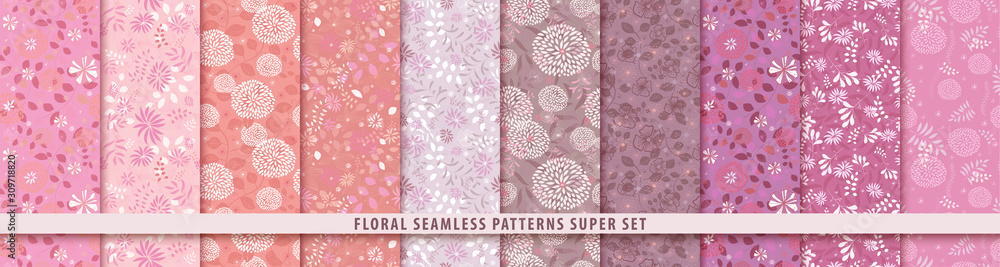 Wall mural floral seamless red pattern set. flowers and leaves.. color vector background. summer and spring pri