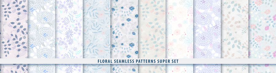 Materiał do szycia Floral seamless blue pattern bundle set. Flowers and leaves.. Color vector background. Summer and spring print