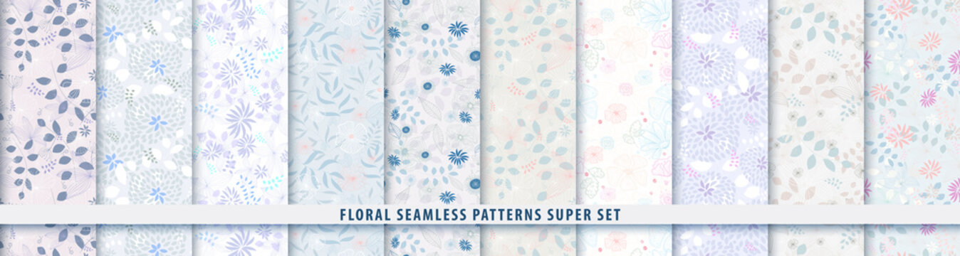 Floral seamless blue pattern bundle set. Flowers and leaves.. Color vector background. Summer and spring print