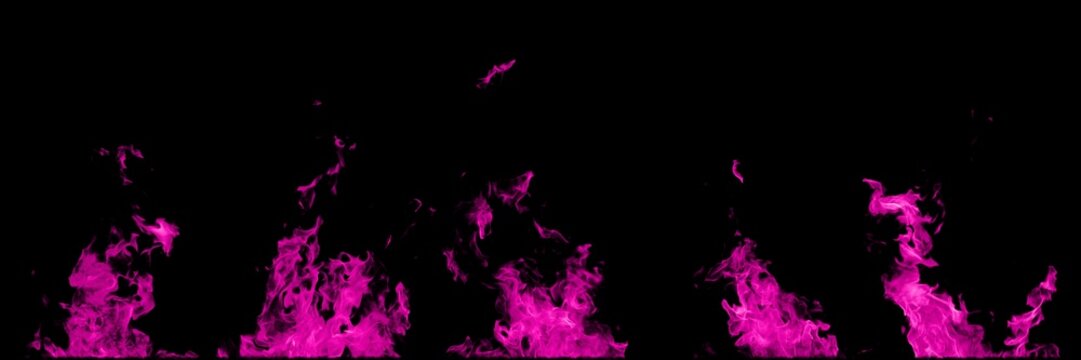 Real fire pink flames isolated on black background. Mockup on black of 5 flames.