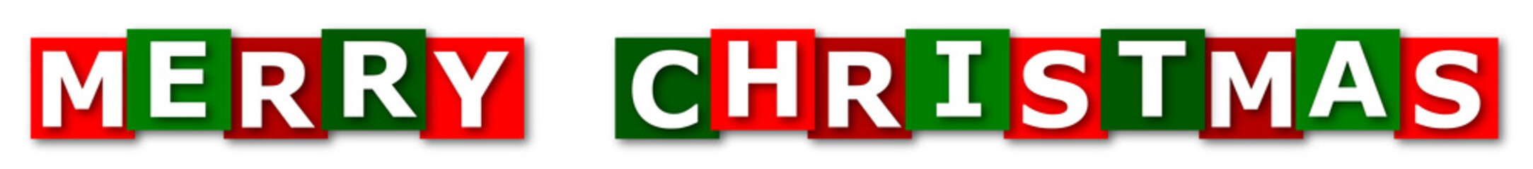 Fototapeta premium MERRY CHRISTMAS WHITE ON RED AND GREEN SQUARE WHITE BACKGROUND