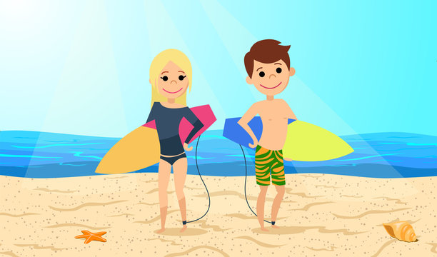 Surfers. Boy and girl with boards for windsurfing are at the beach. Vector illustration.