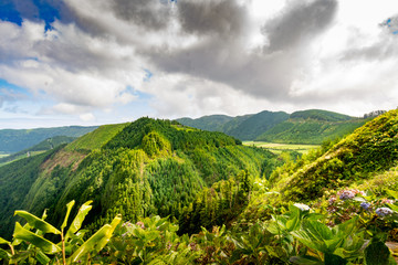 Views of the fields, mountains and valleys in the Azores