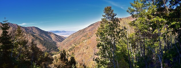 Landscape views of Tooele from the Oquirrh Mountains hiking and backpacking along the Wasatch Front Rocky Mountains, by Kennecott Rio Tinto Copper mine, by the Great Salt Lake in fall. Utah, America.