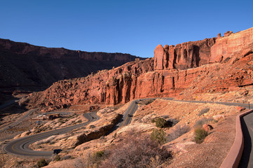 The steep winding road into Arches National Park