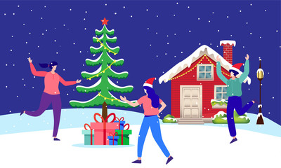 people celebrating christmas outdoor vector