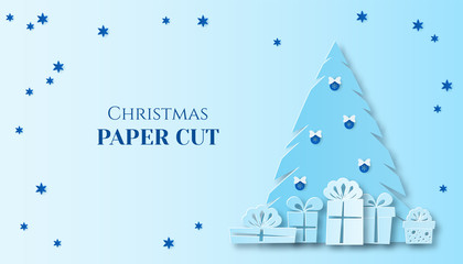 Poster in paper art. Christmas fir and gifts in a multilayer illustration. Place for text. Business card design.