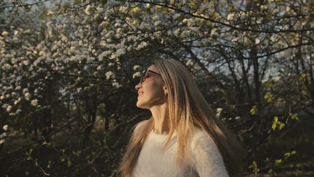 Attractive young woman in sweater, jeans is dance and spinning among blossom apple tree. Sunset, spring orchard and green field. Slow motion. Caucasian one girl, long fluttering hair. Sun glasses.