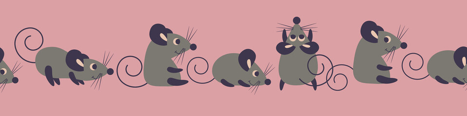 Seamless horizontal border with cute cartoon mice. Grey animals on pink background. Flat vector illustration.