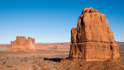 The Organ (left) rock formation as seen from the La Sal Mountains Viewpoint in Arches National Park, Moab, Utah