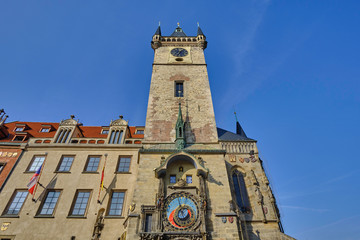 Scenic view of Prague astronomical clock (Prazsky orloj) in Prague in Czech Republic in Europe. Beautiful summer sunny look of Prague Orloj -  medieval astronomical clock located in Czechia