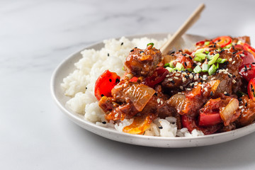 Rice with stir fried pork, vegetables and green onion. Asian cuisine. Comfort food.