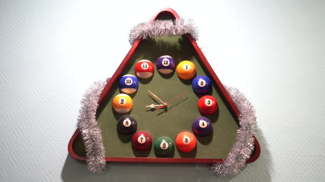Wall clock in the billiard room. Time for a game of billiards. Dial of billiard balls. Faster Second Hand Movement