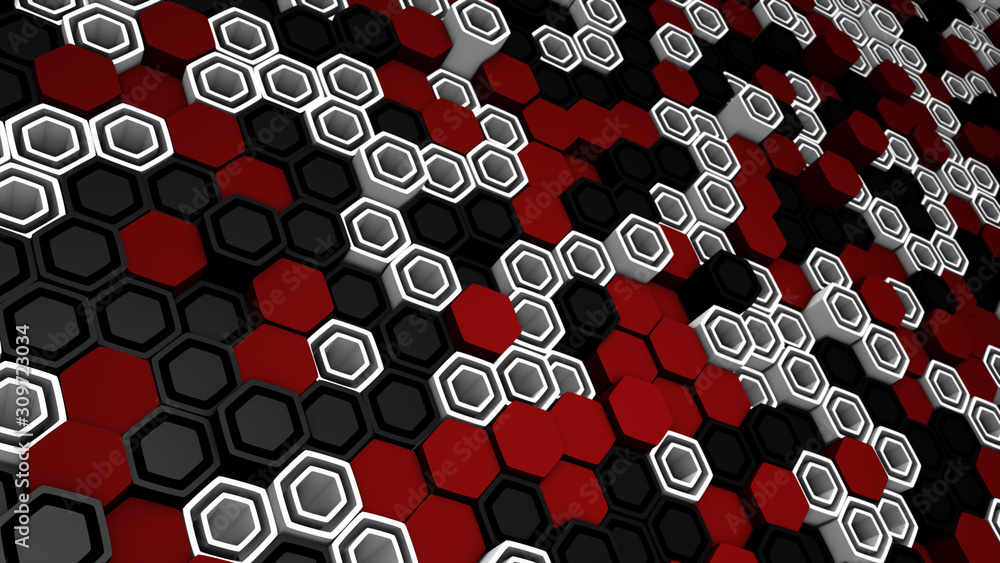 Poster 3d render hexagon abstract geometric random waving background.