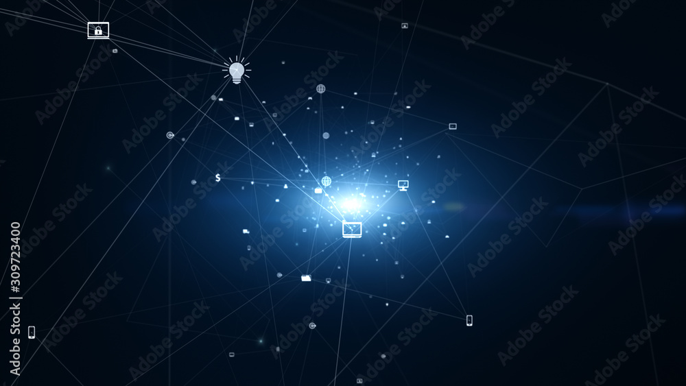 Poster technology network connection and digital data connections concept. with social network icons for wo