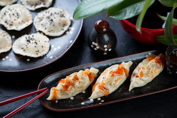 Close-up of pan fried potstickers and steamed asian dumplings in the background, selective focus