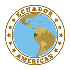 Ecuador logo. Round badge of country with map of Ecuador in world context. Country sticker stamp with globe map and round text. Vector illustration.