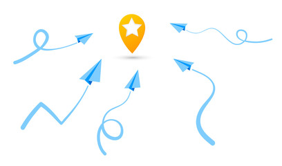 Yellow Map pin flat design style modern icon with a star image in the center. A set of paper flying planes. Vector