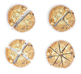 Oatmeal Cookies Dividing proportion in various piece. Isolated on white background.