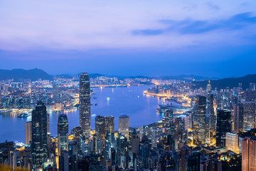 Hong Kong modern cityscape sightseeing view from Victoria peak before sunrise.	