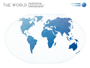 World map with vibrant triangles. Winkel tripel projection of the world. Blue Shades colored polygons. Neat vector illustration.