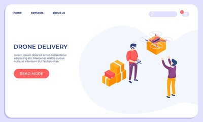 Obraz na płótnie Canvas Isometric drone delivery service. People use VR headset. Virtual reality express delivery cardboard box with goods from store concept. 3d vector isometric landing page