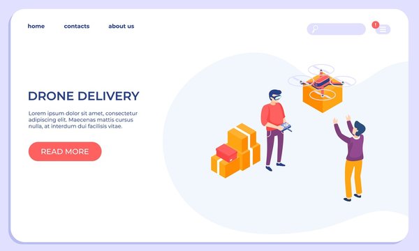 Isometric drone delivery service. People use VR headset. Virtual reality express delivery cardboard box with goods from store concept. 3d vector isometric landing page