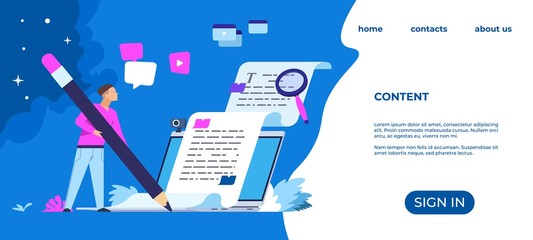 Content writer landing page. Blog articles and media creation concept, online freelance journalist. Vector web page freelancer copying publishing creative writing
